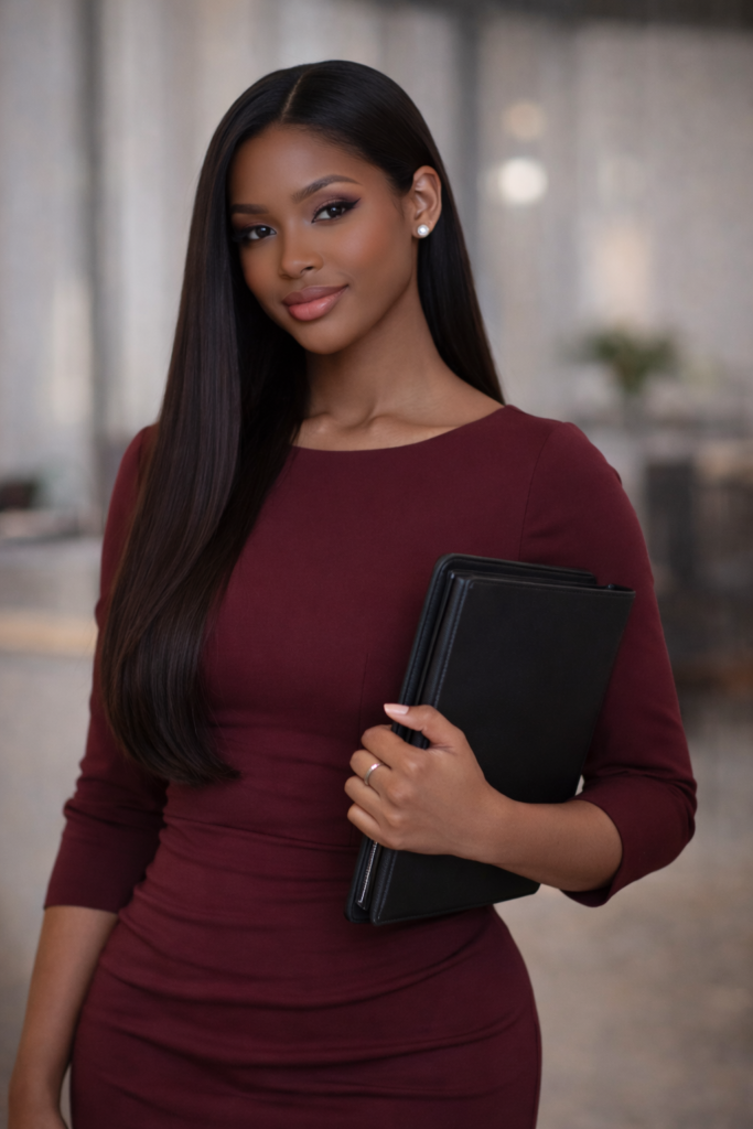 in-the-office-sleek-straight-hairstyle-with-part-evessent-virgin-remy-human-hair-extensions